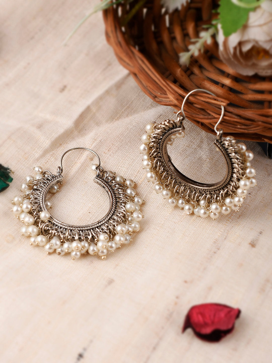 Shoshaa Silver-Toned & White Contemporary Hoop Earrings | Swadesiicart