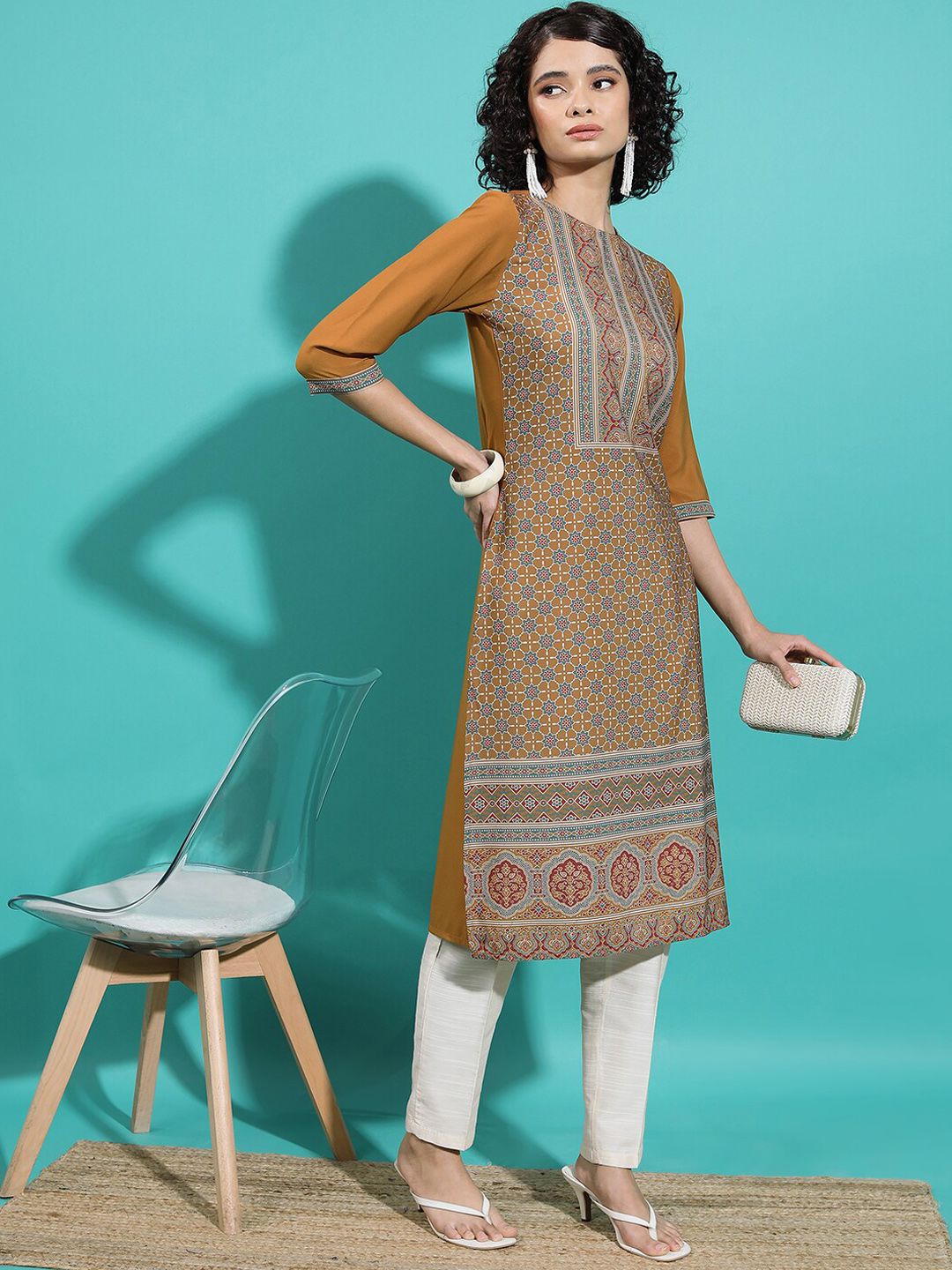 Vishudh Rust Ethnic Motifs Printed Straight Kurta - Swadesiicart