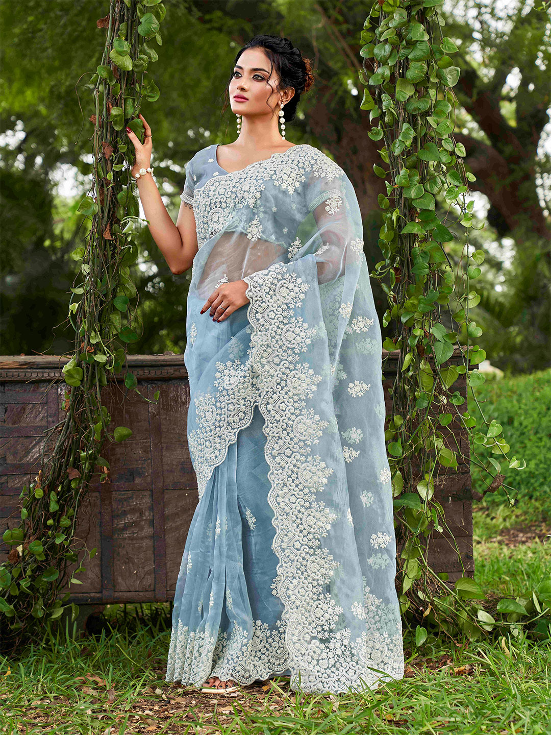 Tikhi Imli Ethnic Motifs Beads and Stones Organza Heavy Work Saree | Swadesiicart