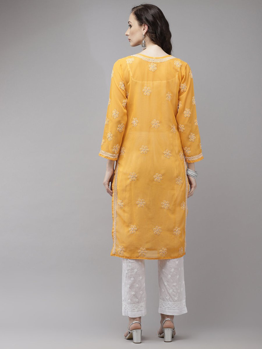 ADA Women Mustard Yellow Embroidered Regular Chikankari Handloom Kurta with Palazzos | Swadesiicart