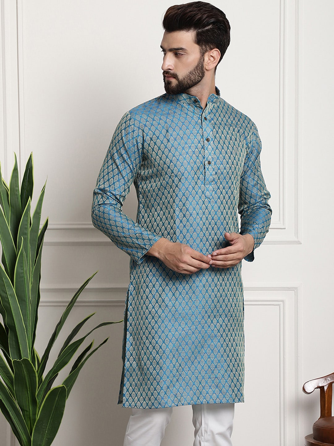 Sojanya Men Blue & Beige Ethnic Motif Printed Jacquard Silk Kurta | Swadesiicart