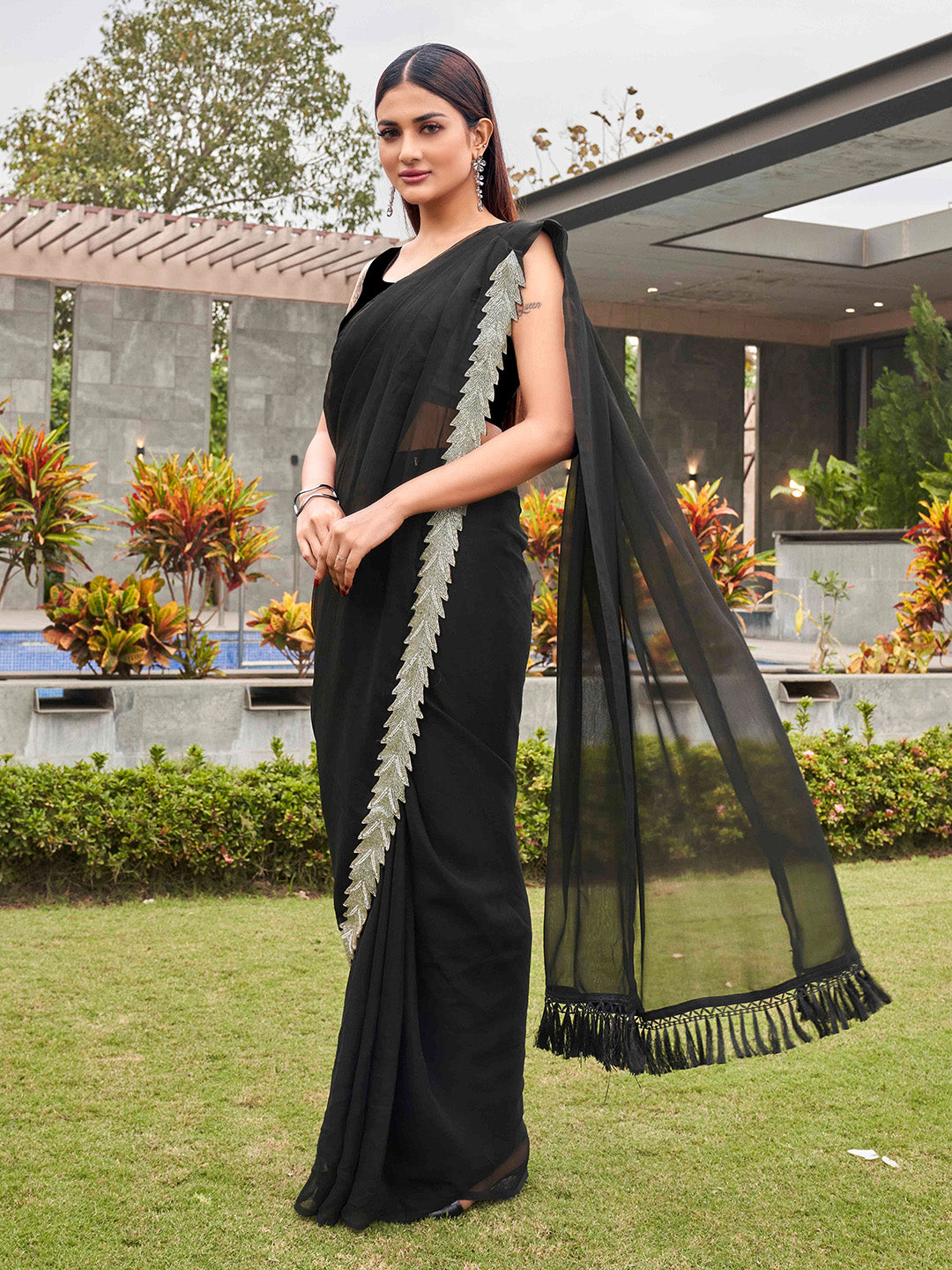 Tikhi Imli Black Beads and Stones Saree | Swadesiicart