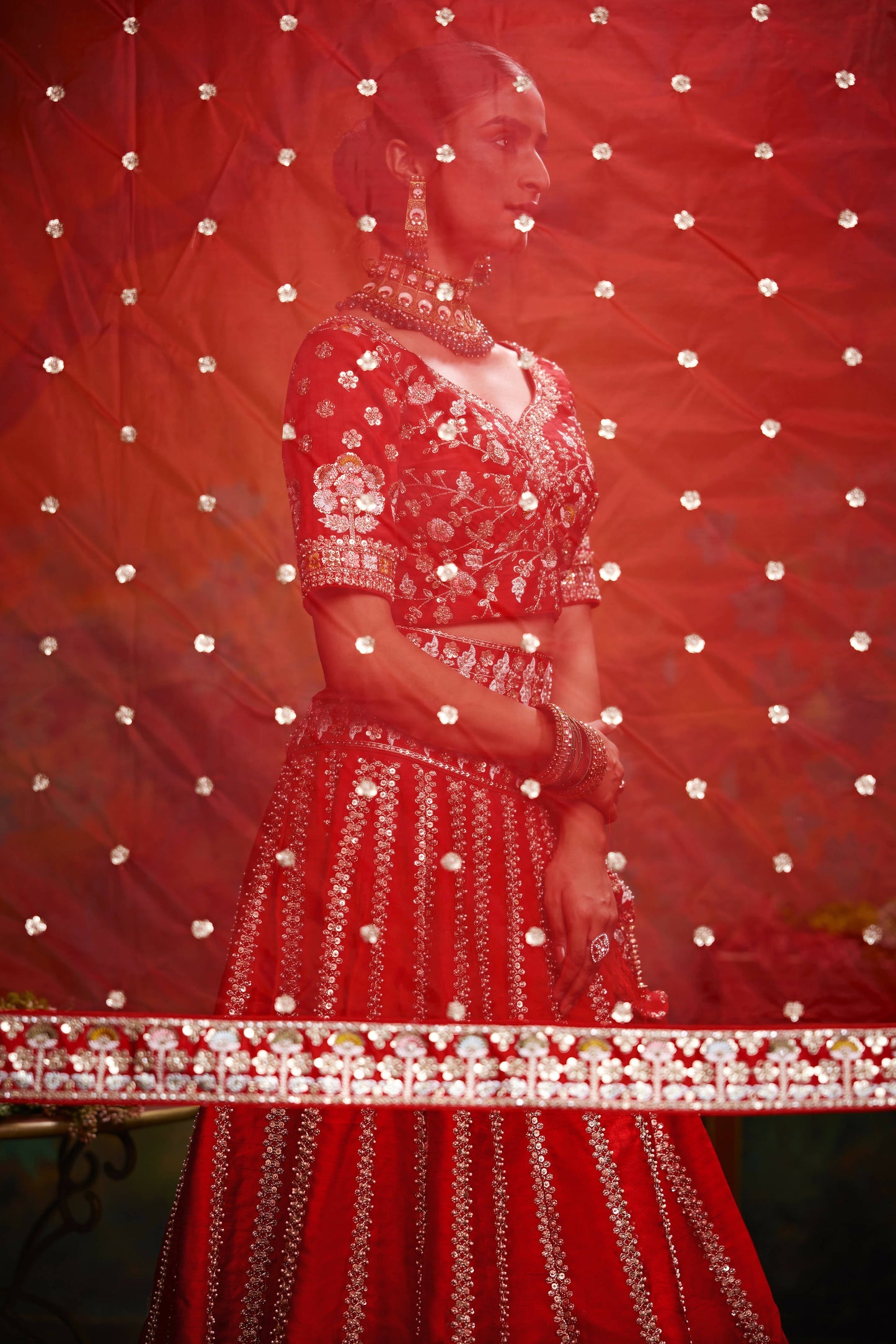 House of Panchhi Red Pure Silk Moti & Zarkan heavy embroidery Lehenga choli & Dupatta | Swadesiicart