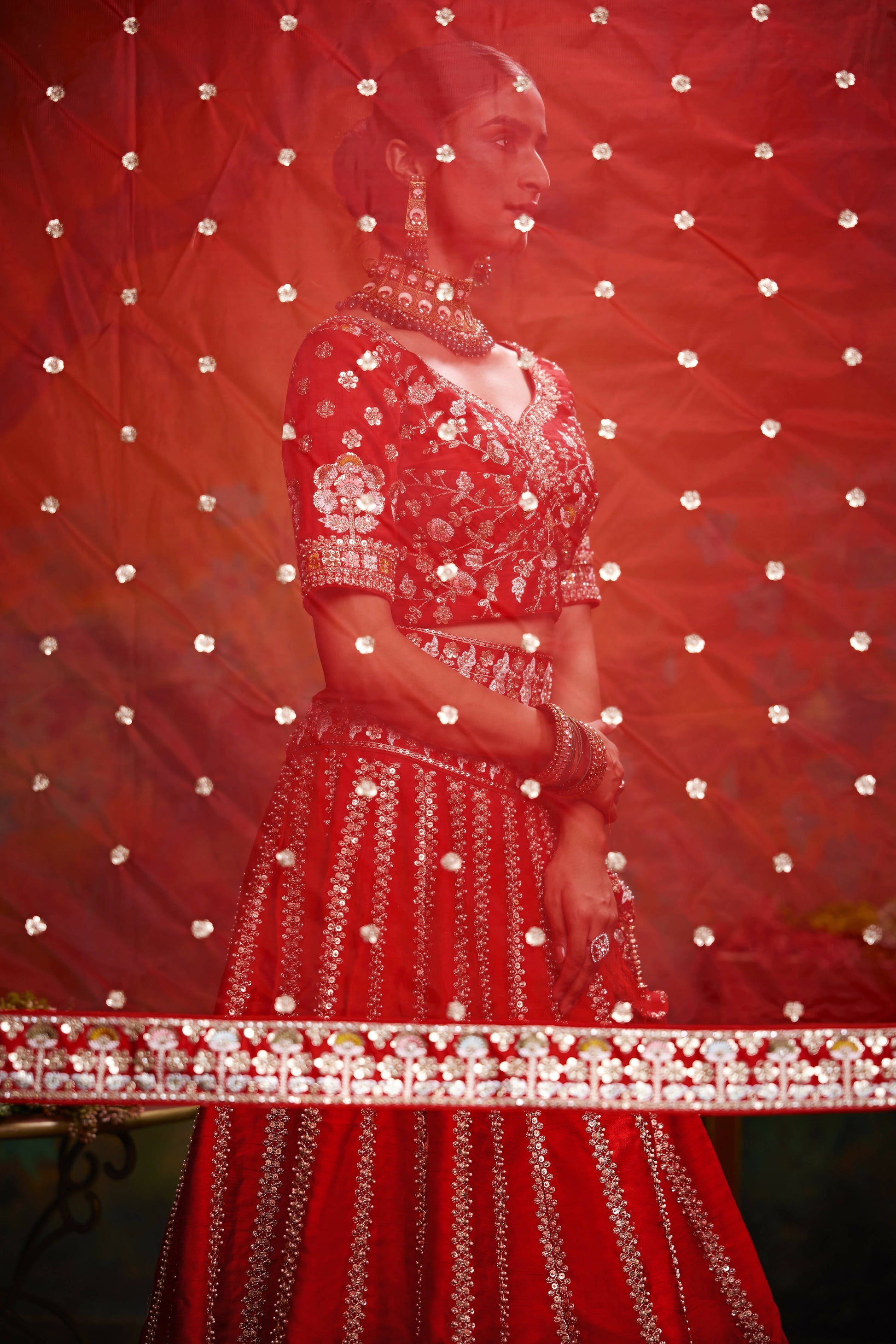House of Panchhi Red Pure Silk Moti & Zarkan heavy embroidery Lehenga choli & Dupatta | Swadesiicart
