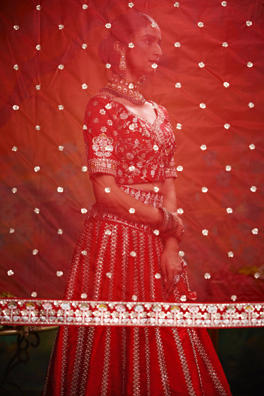 House of Panchhi Red Pure Silk Moti & Zarkan heavy embroidery Lehenga choli & Dupatta | Swadesiicart