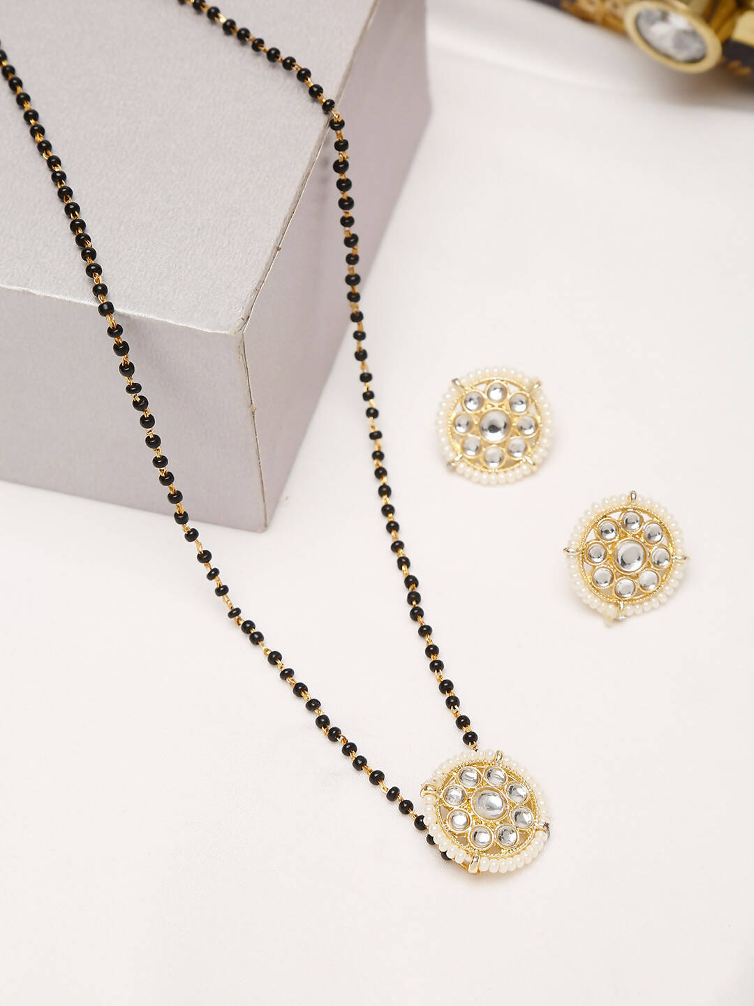 Gold-Polished Black Kundan Beaded Mangalsutra With Studs - Ruby Raang - Swadesiicart