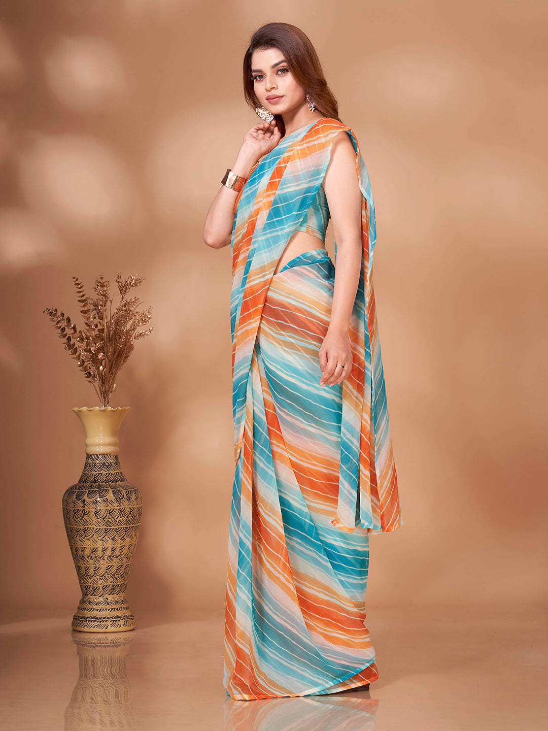 Tikhi Imli Striped Georgette Leheriya Ready to Wear Saree | Swadesiicart