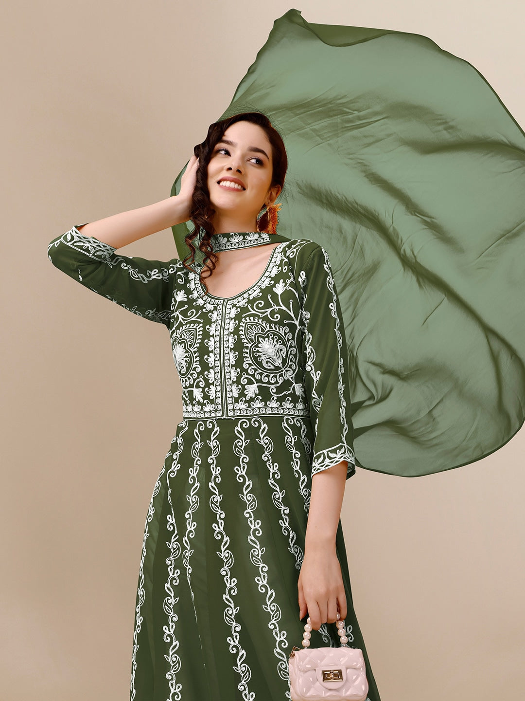 HERE&NOW Green & White Ethnic Motifs Embroidered Chikankari Kurta & Dupatta | Swadesiicart