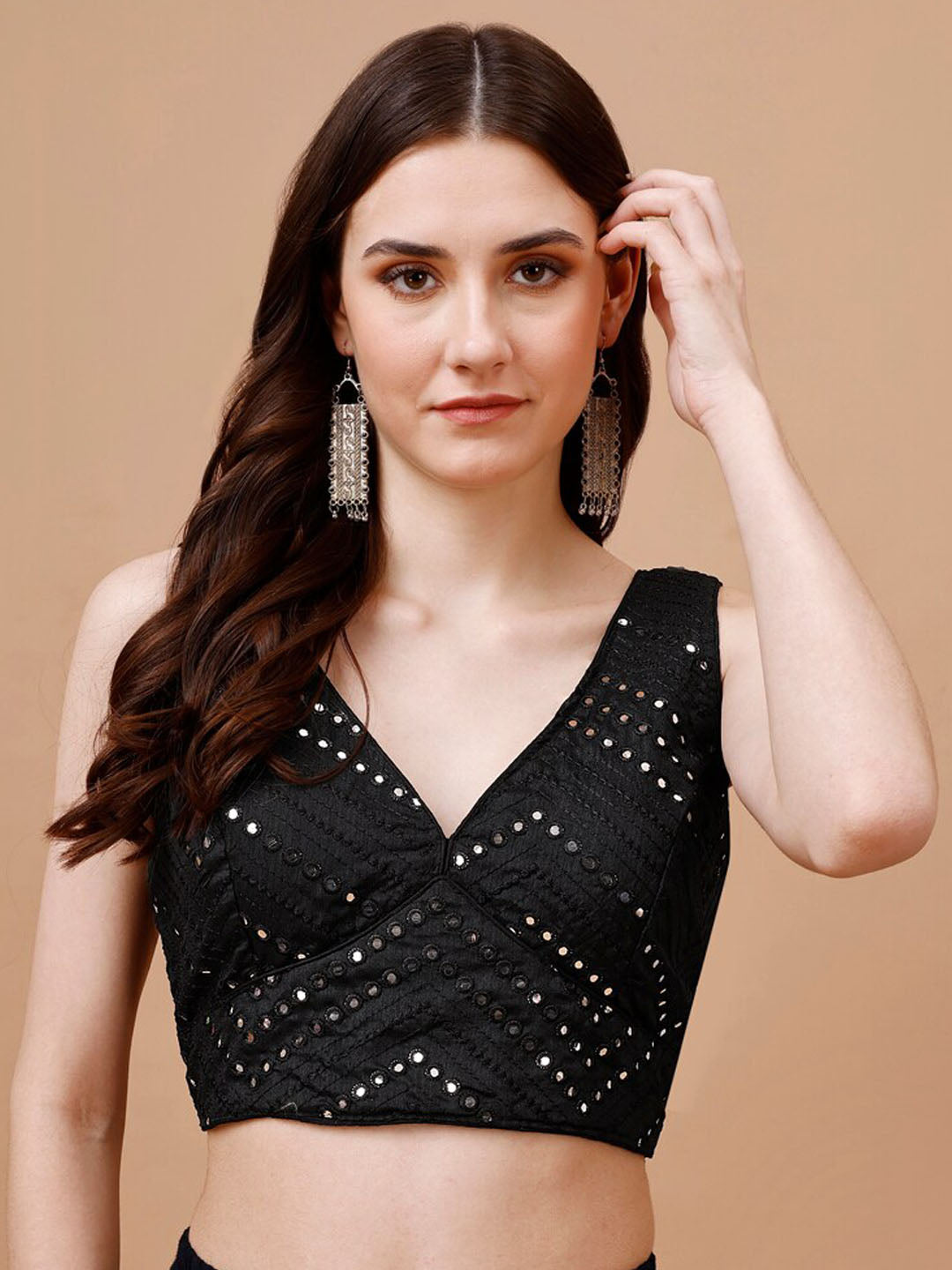 Tikhi Imli Mirror Work Embellished Sleeveless Saree Blouse | Swadesiicart