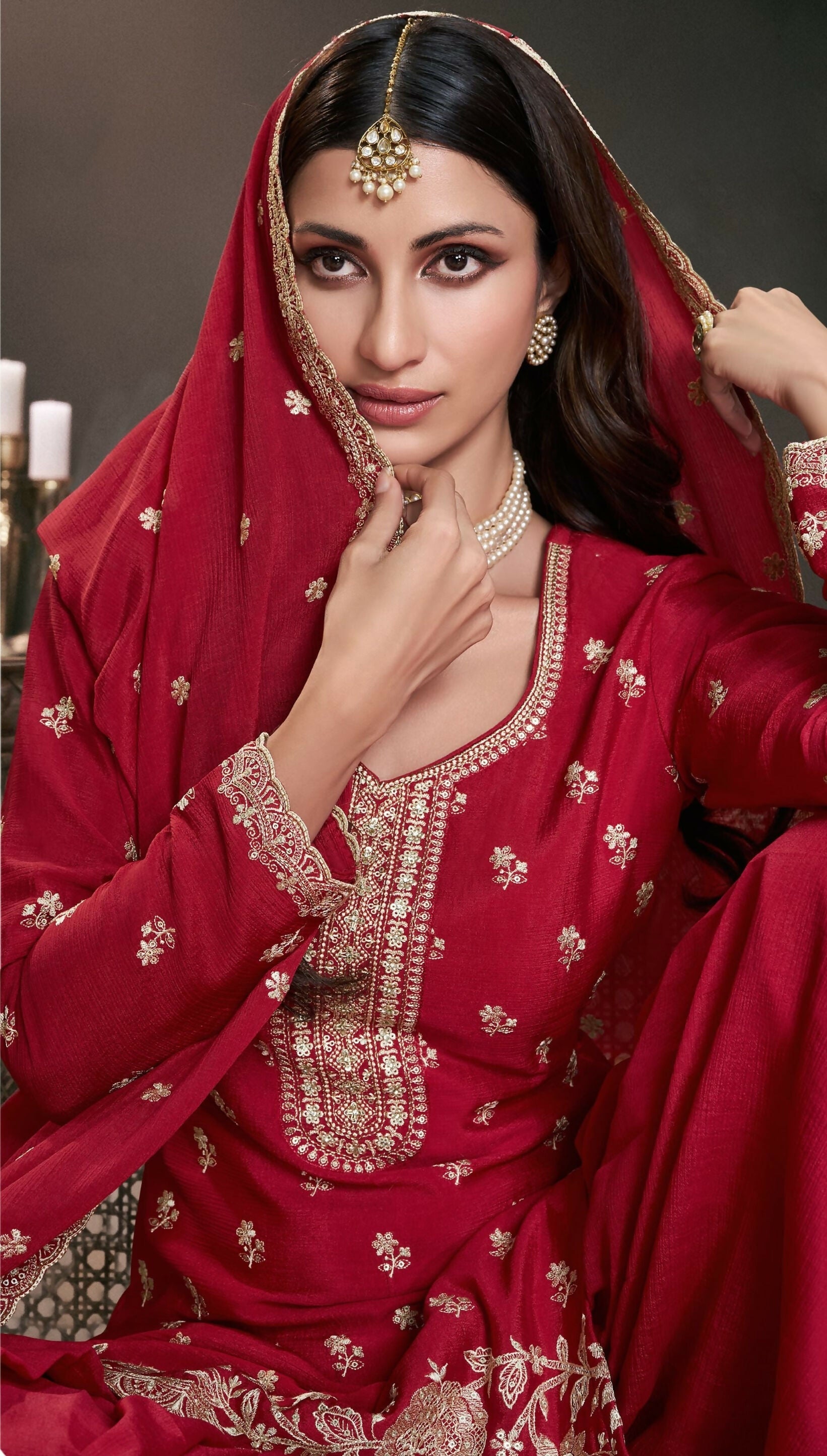 Anaita Red Chinon Embroidered Thread Work Stitched Salwar Suit