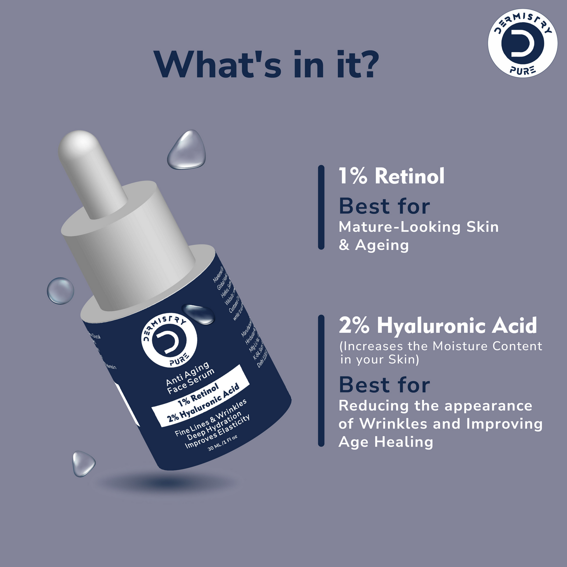 Dermistry 1% Retinol Hyaluronic Anti Aging Night Moisturizer Face Serum For Ageing Lines & Wrinkles - Swadesiicart