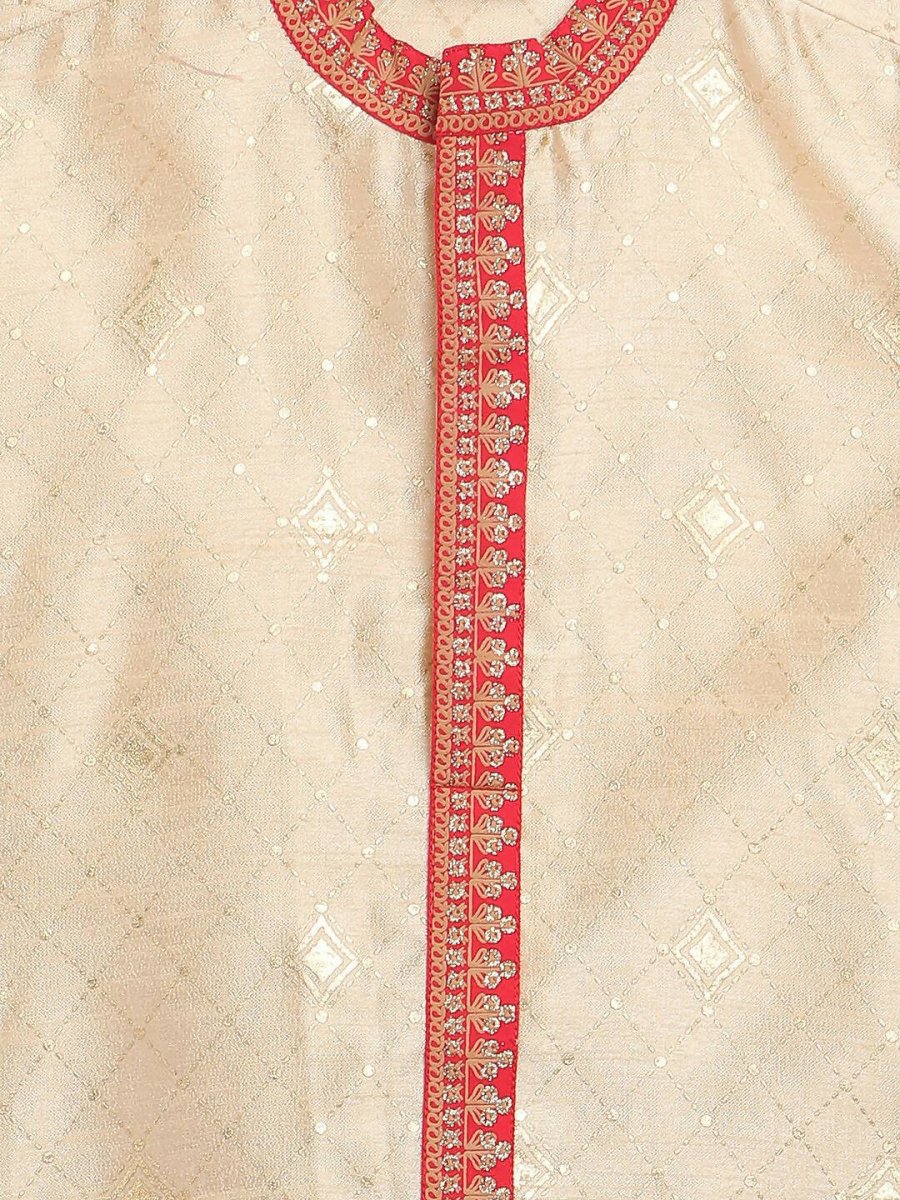 Ahalyaa Beige Poly Silk Gold Print Kids Kurta Churidar Set For Boys | Swadesiicart