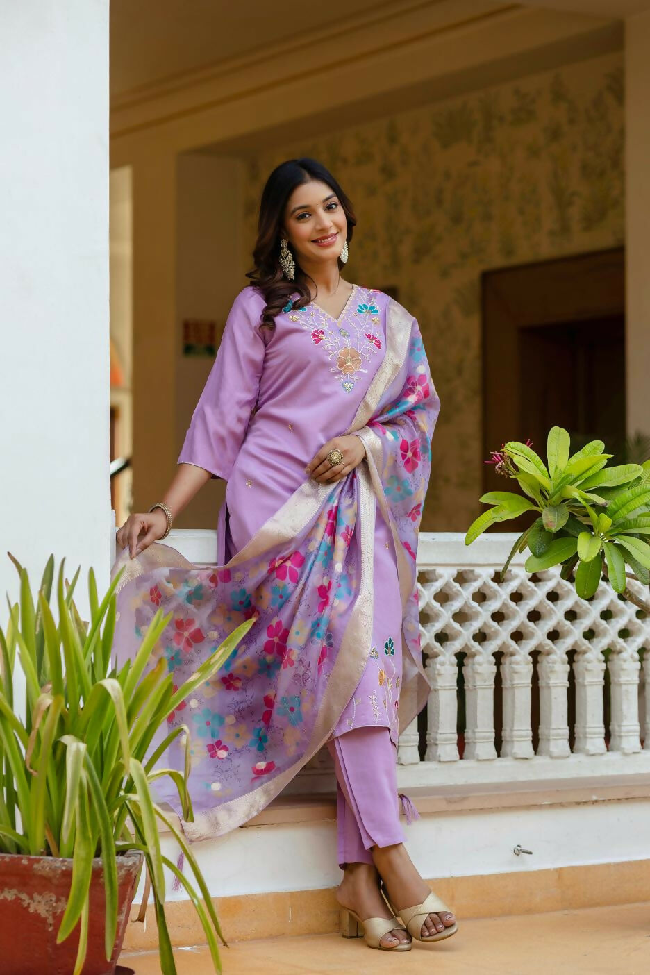 The52 Lavender Women's Gorgeous Embroidered work Viscose Gadhwal Fabric Straight Kurta, Pant and Dupatta Set - Swadesiicart