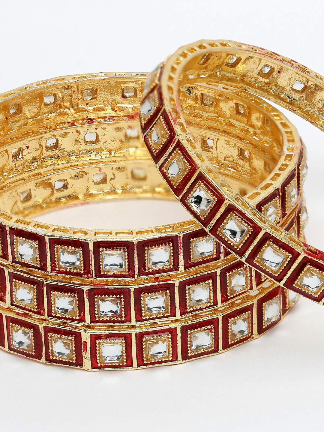 NVR Women's Set Of 4 Gold-Polished Red Kundan-Studded Traditional Bangles - Swadesiicart