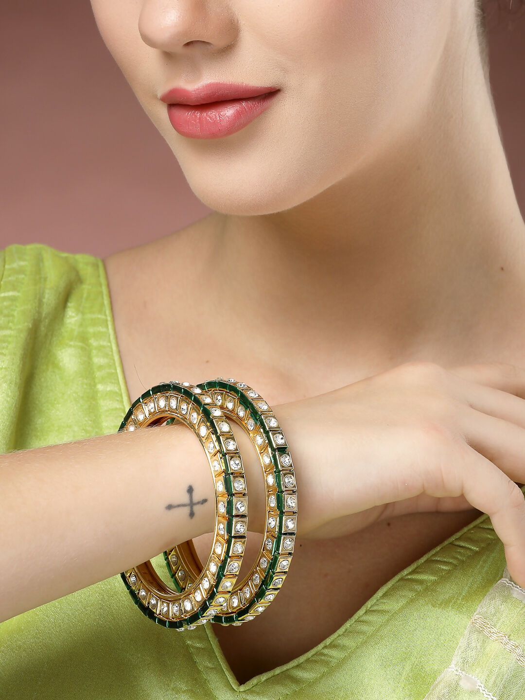 NVR Women's Set Of 2 Gold-Polished Kundan-Studded Bangles - Swadesiicart