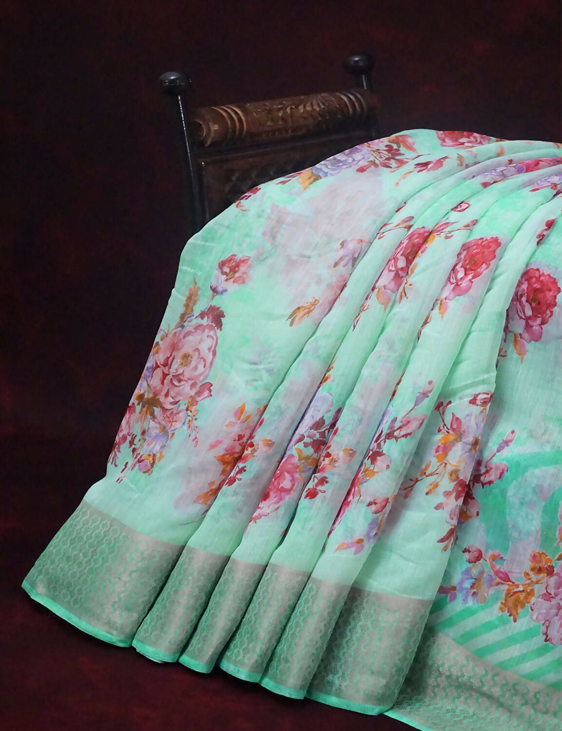 Shades Of Mint Green With Floral Design Semi Chanderi Saree By Gayathri Reddy Designer Studio | Swadesiicart