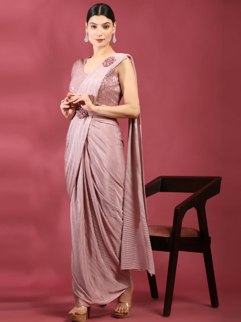 Pink Imported Crush Lycra Texture Pattern Ready to Wear Saree with stitched Blouse - Nirvana | Swadesiicart