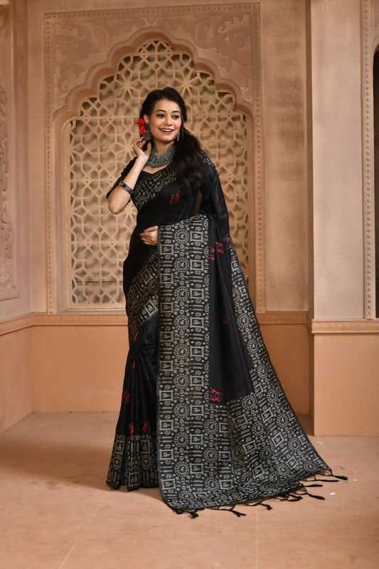 Vishnu Weaves Women's Black Handloom Raw Silk Woven Border Saree with Unstitched Blouse - Swadesiicart