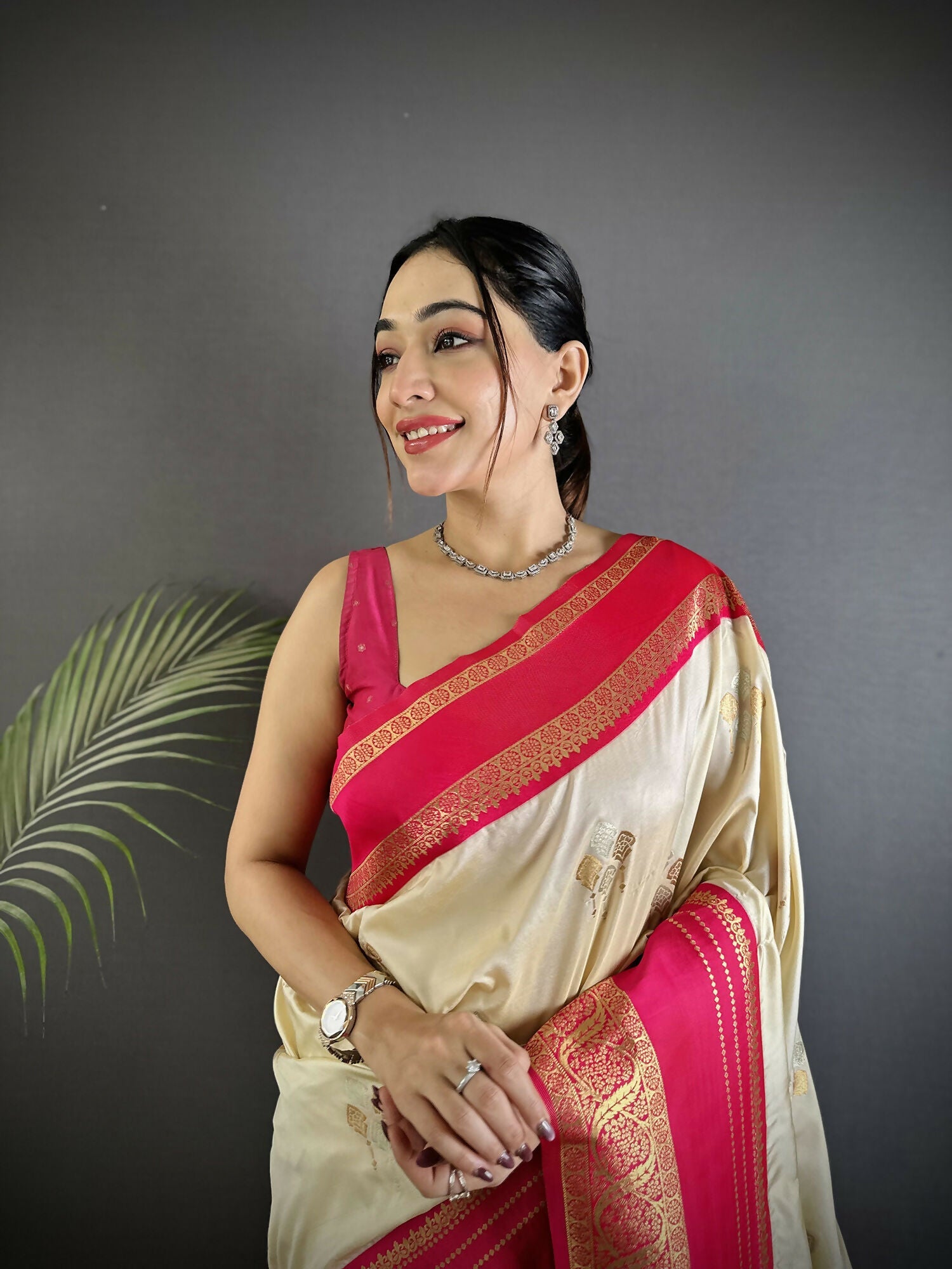 Joban Fashion Cream Banarasi Soft Silk Woven Saree | Swadesiicart