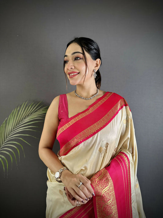 Joban Fashion Cream Banarasi Soft Silk Woven Saree | Swadesiicart