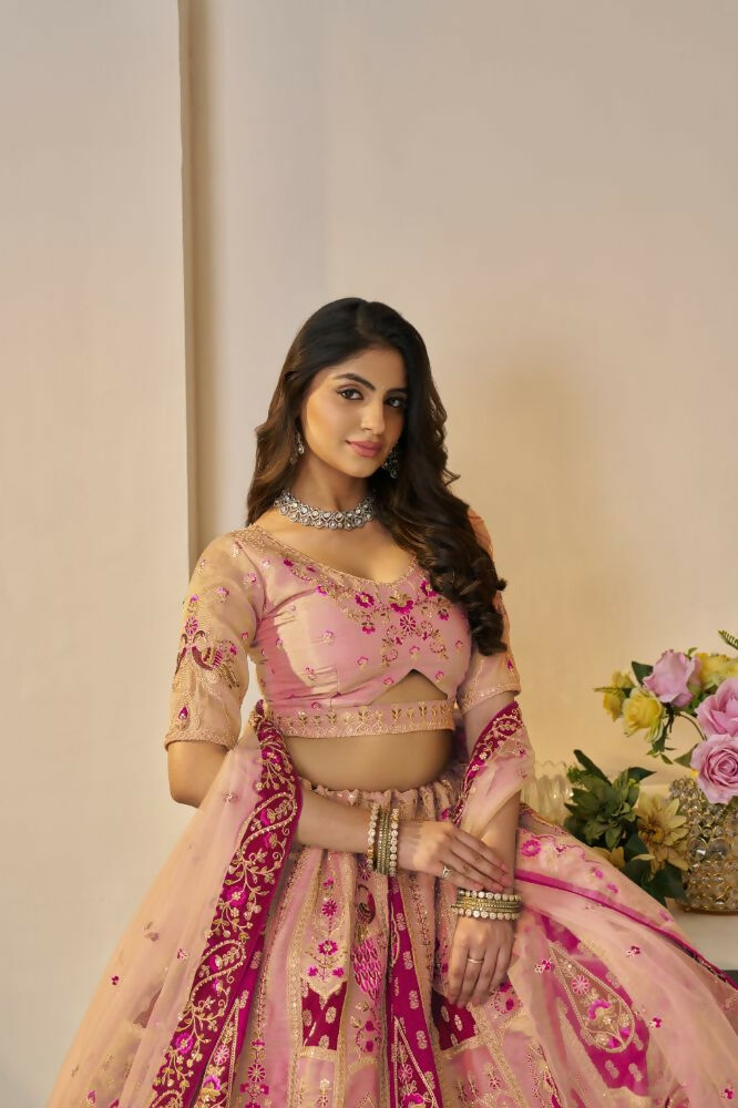 Kesar Fab Orange Banarasi Silk Embroidered Lehenga | Swadesiicart