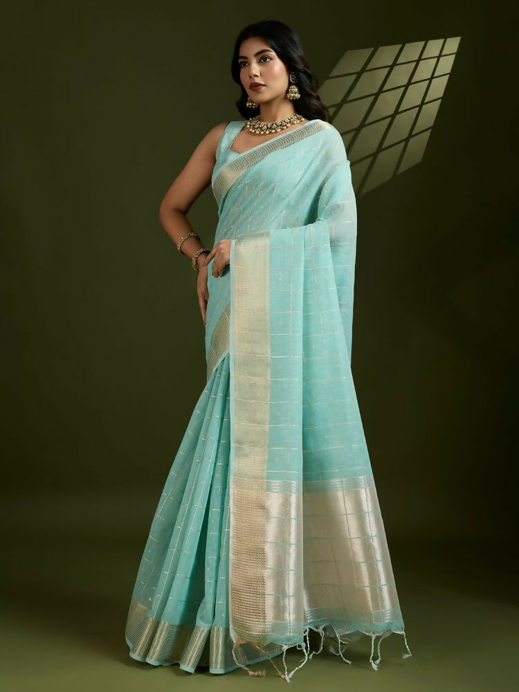 Vishnu Weaves Women's Sea-Green Soft Silk Zari Woven Saree with Blouse - Swadesiicart
