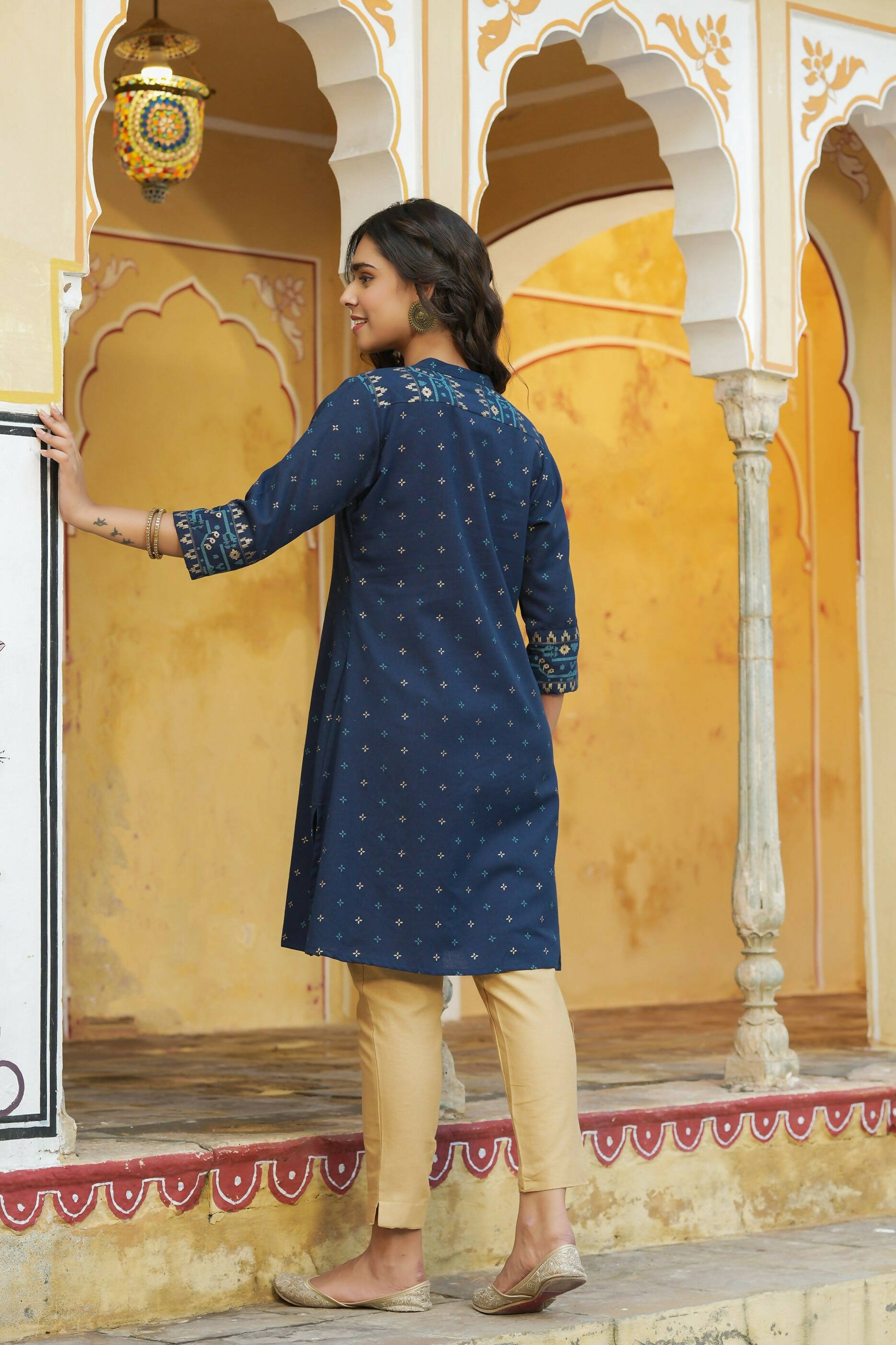 Juniper Women's Blue Cotton Flex Printed A-Line Kurta | Swadesiicart