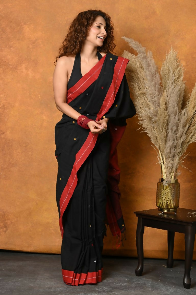 Very Much Indian Pure Cotton Handloom Saree with Buttis & Sleek Border - Black | Swadesiicart