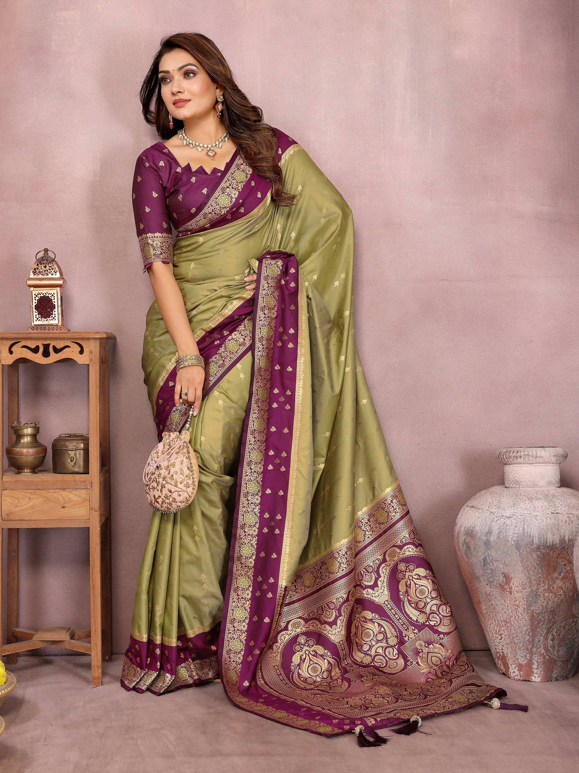 Aastha Fashion Mehndi Kalamkari Silk Zari Woven Saree