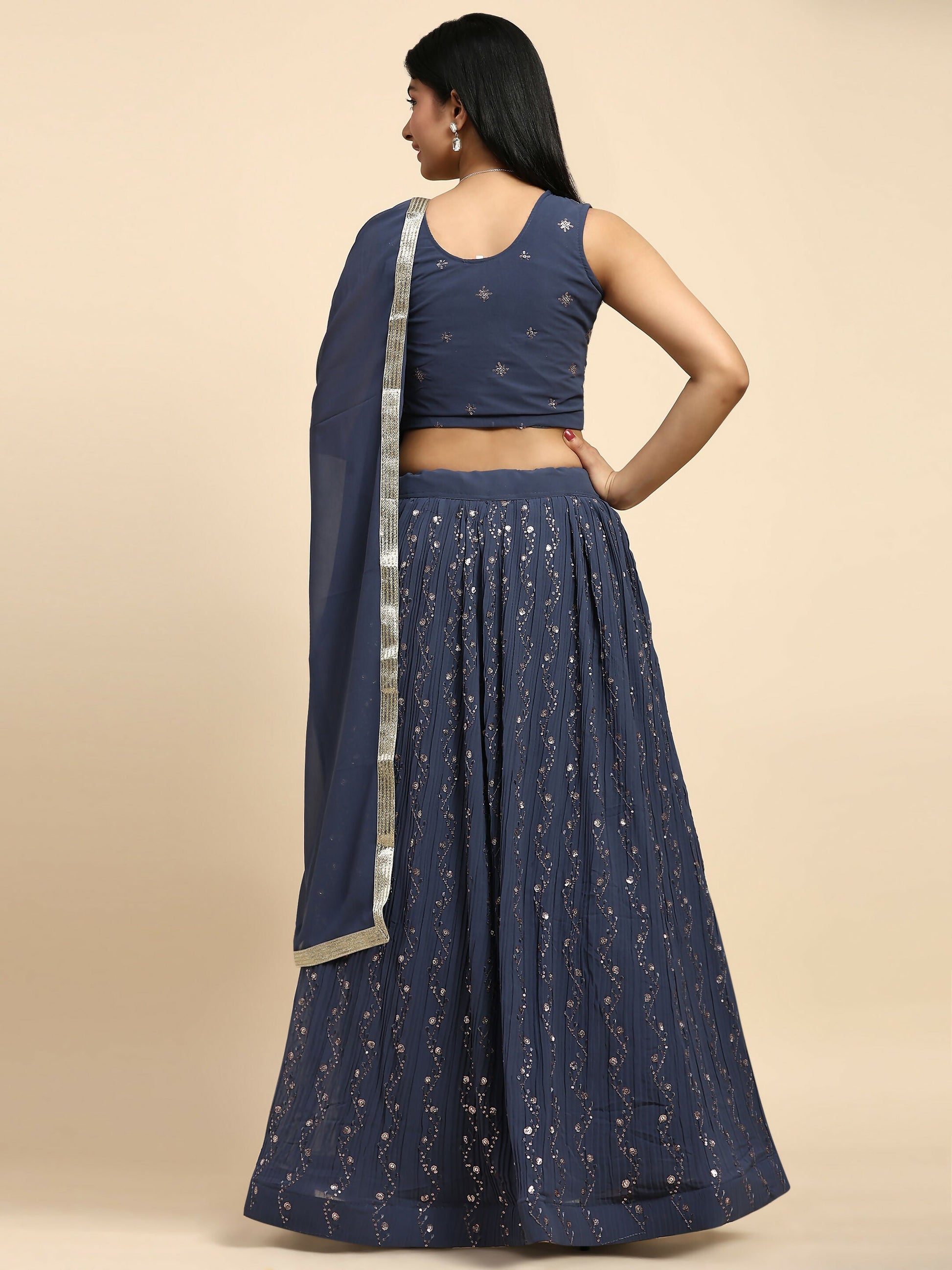 Dark Grey Georgette Embroidered Lehenga choli with Dupatta - Dhara | Swadesiicart