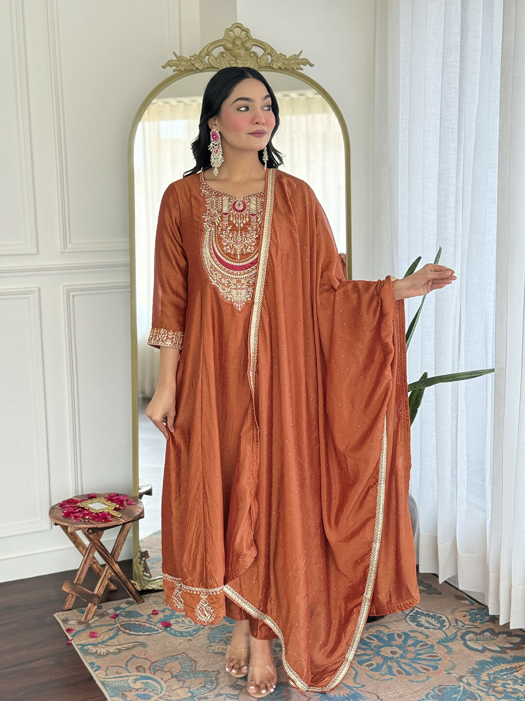 The52 Rust Women's Gorgeous Embroidered Vichitra Silk Fabric Flared Kurta, Pant and Dupatta Set - Swadesiicart