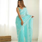 Attractive Looking Georgette Thread, Sequance Embroidery Work Party Wear Saree - Sky Blue