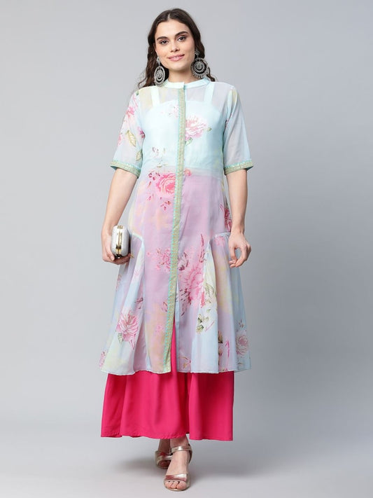 Ahalyaa Women Sea Green Floral Printed Top With Kurta | Swadesiicart