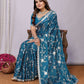 Blue Pure Satin Embroidered Saree With Stitched Blouse - Nimaya Kaksha