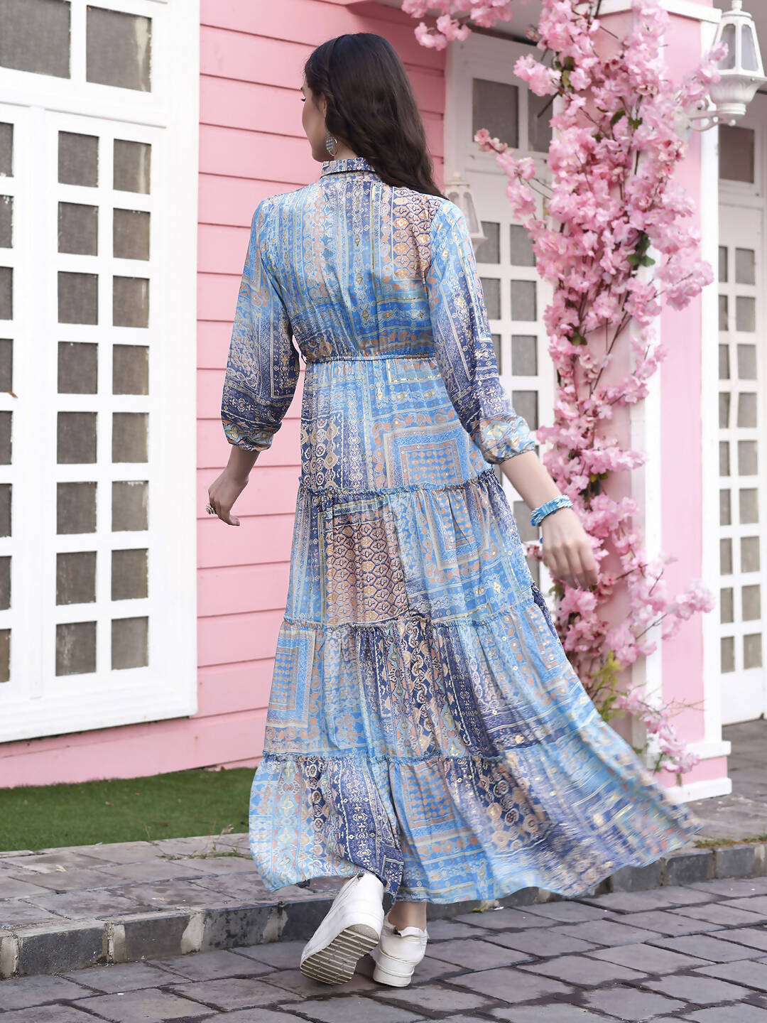Light Blue Crepe Foil Printed Long Dress - Michan | Swadesiicart