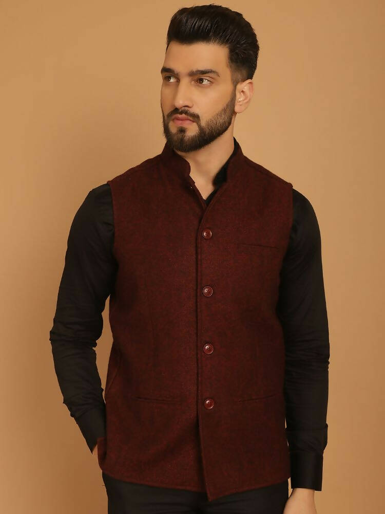 Even Apparels Pure Wool Nehru Jacket - Maroon | Swadesiicart