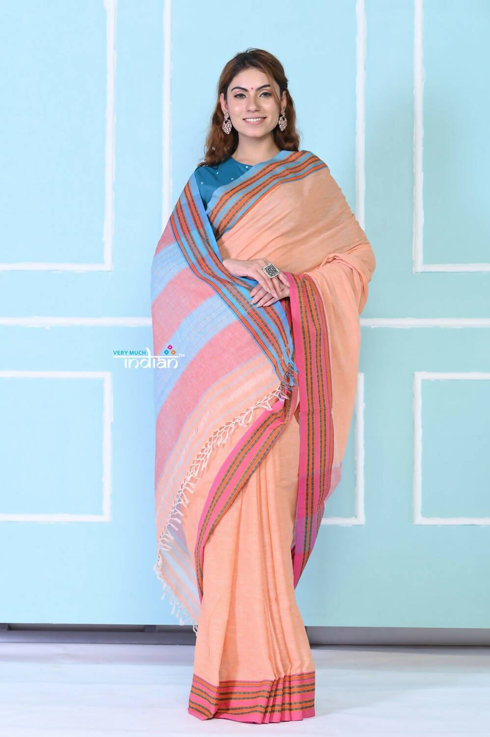 Very Much Indian Traditional Patteda Anchu Ilkal Handloom Saree - Peach Tone | Swadesiicart
