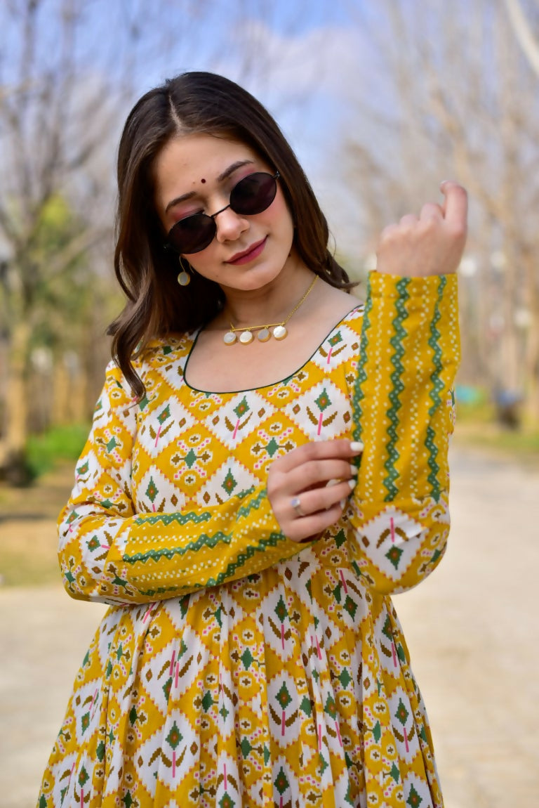 Jyoti Fashion Women's Mustard Heavy Digital Printed Cotton Silk Anarkali Dress | Swadesiicart