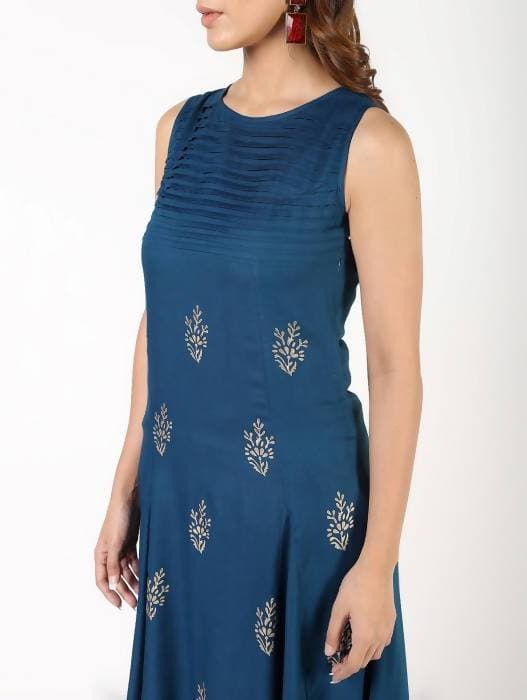 Aniyah Rayon Block Print Flared Blue Kurta (AN-149K) - Swadesiicart