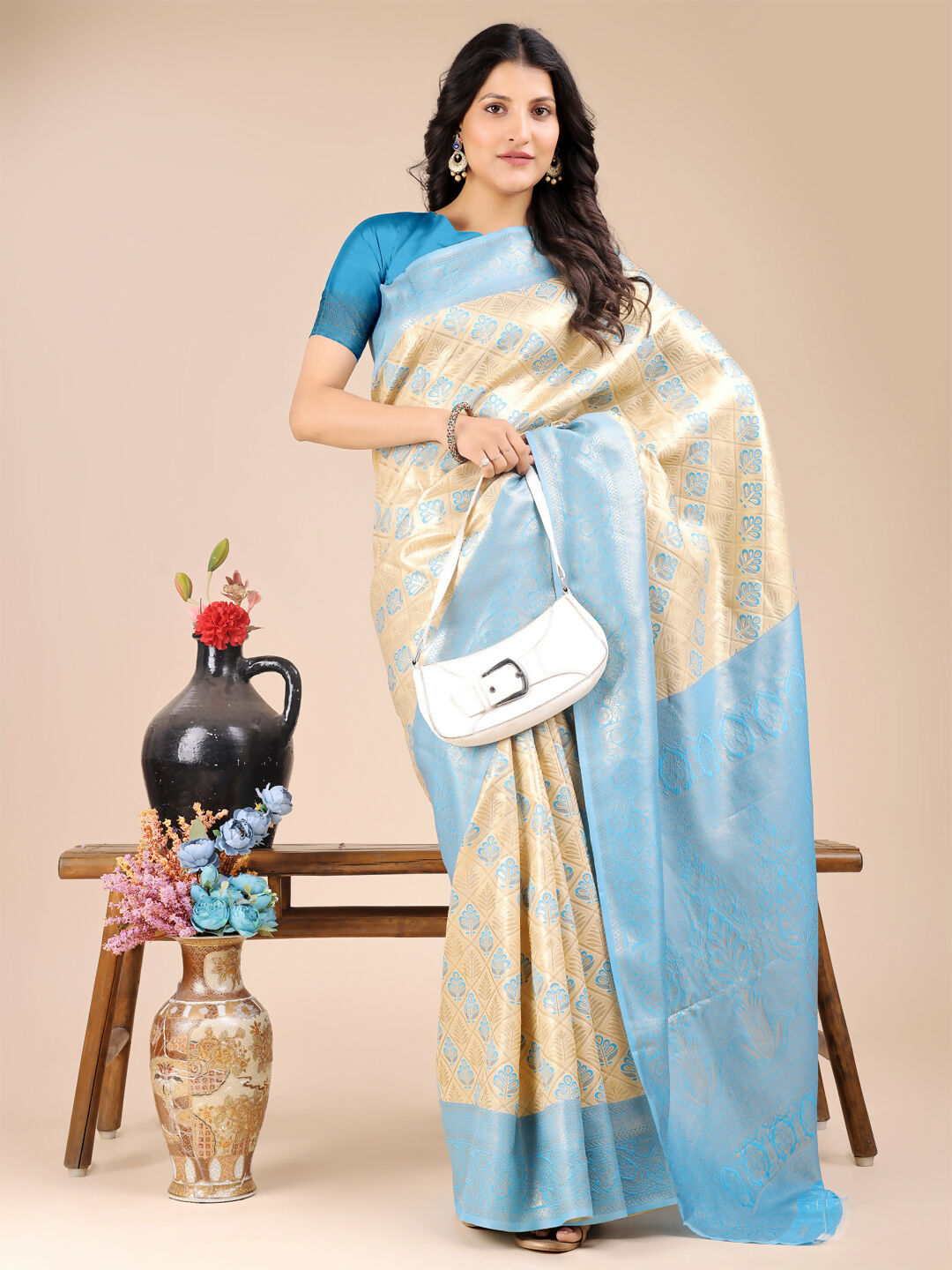 Astita Aura Silk Cream Sky Blue Banarasi Silk Saree | Swadesiicart