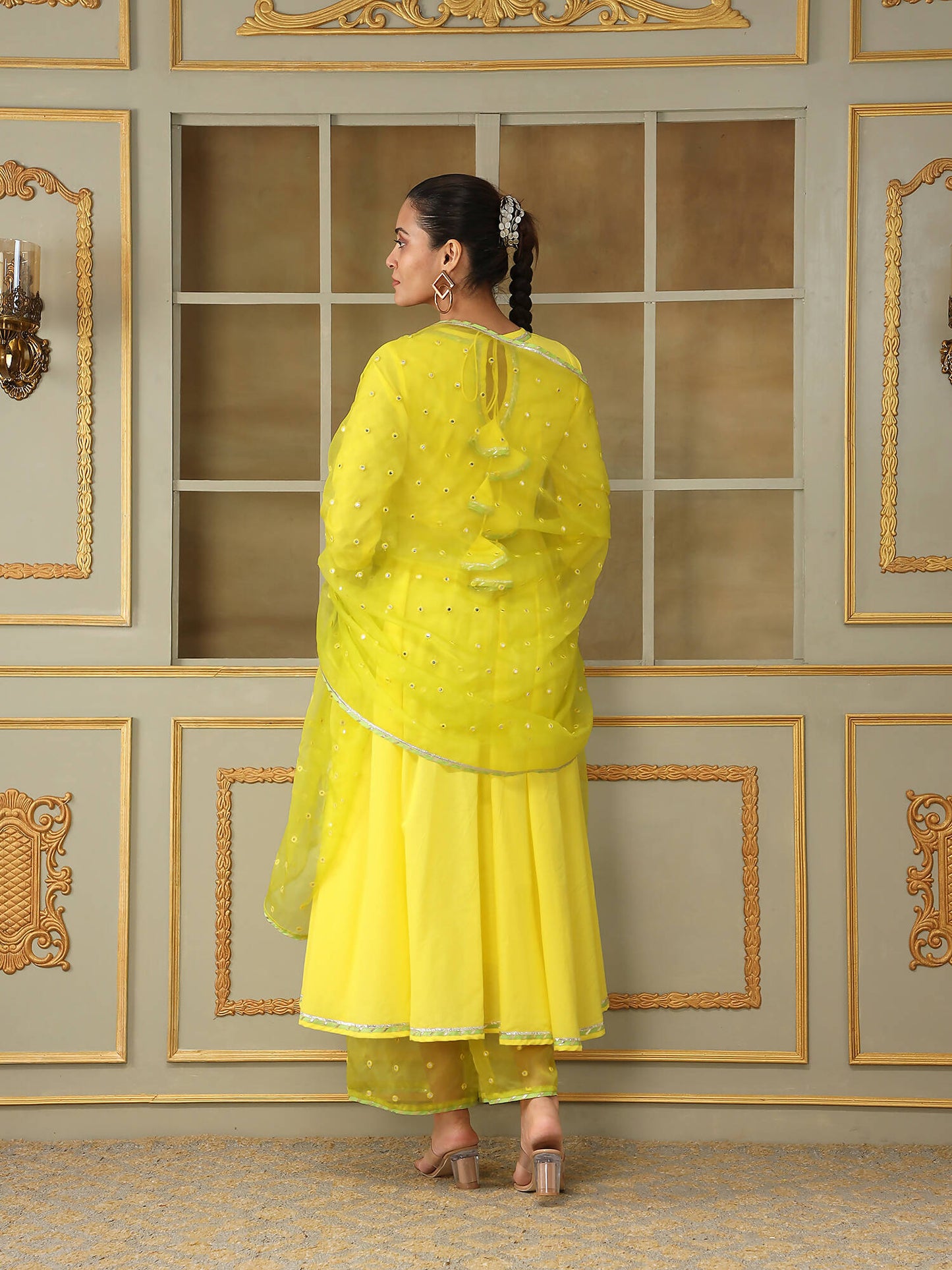 Pomcha Jaipur Yellow Saadgi Yellow Mirror Work Anarkali Set | Swadesiicart