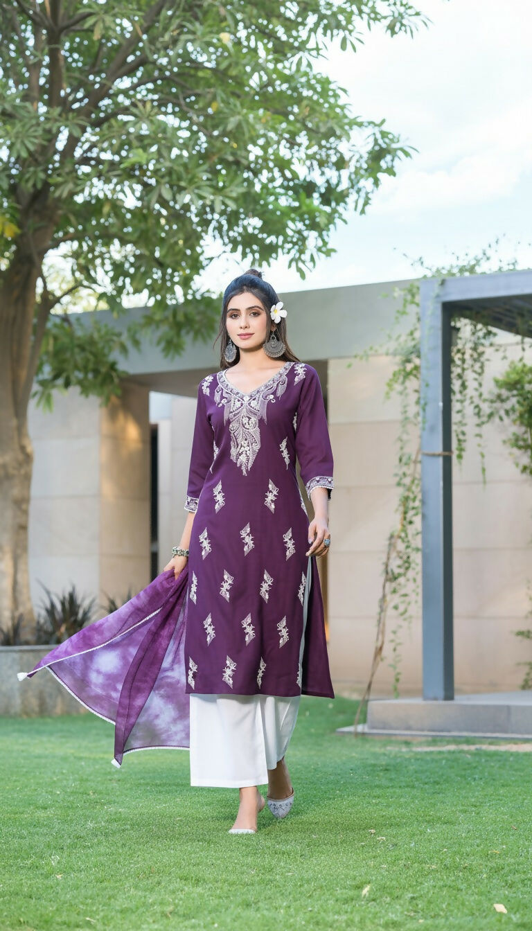 BulBul Pooja Rayon Purple Kurta Set with Dupatta - Swadesiicart