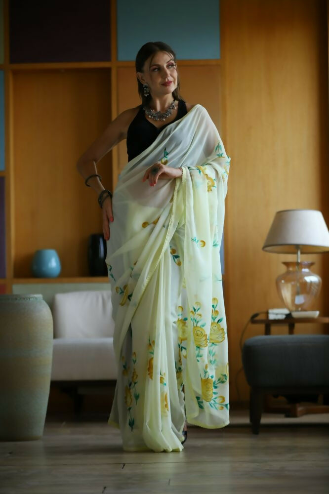Vamsee Laxmi Yellow Georgette Saree - Swadesiicart