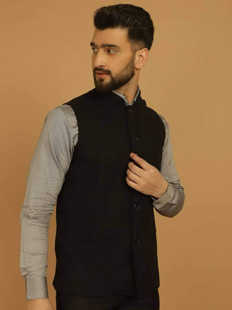 Even Apparels Pure Wool Nehru Jacket - Black | Swadesiicart