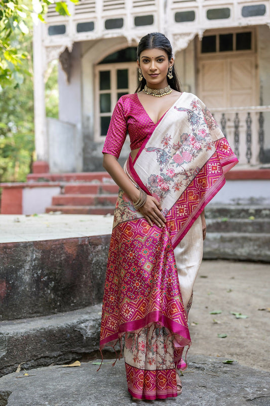 Vishnu Weaves Women's Rani Soft Tussar Silk Small Zari Woven Border Saree with Blouse - Swadesiicart