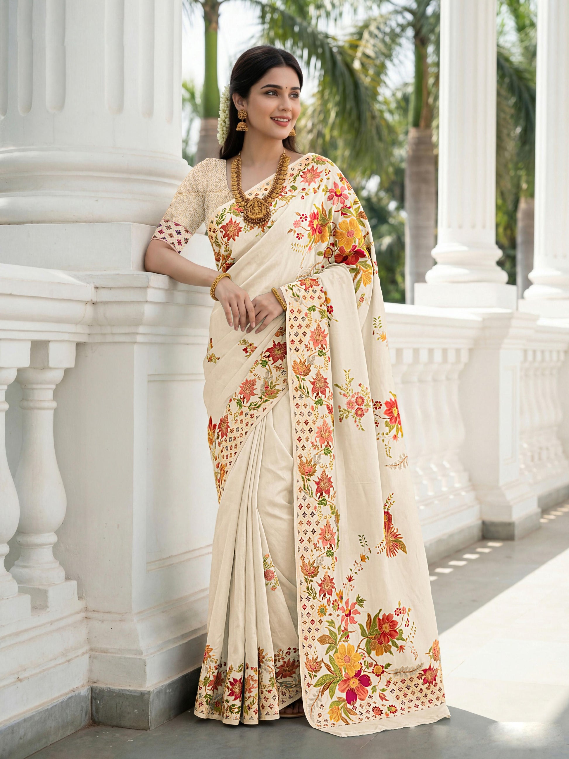 Aastha Fashion Cream Premium Russian Silk Designer Floral Position Print Saree