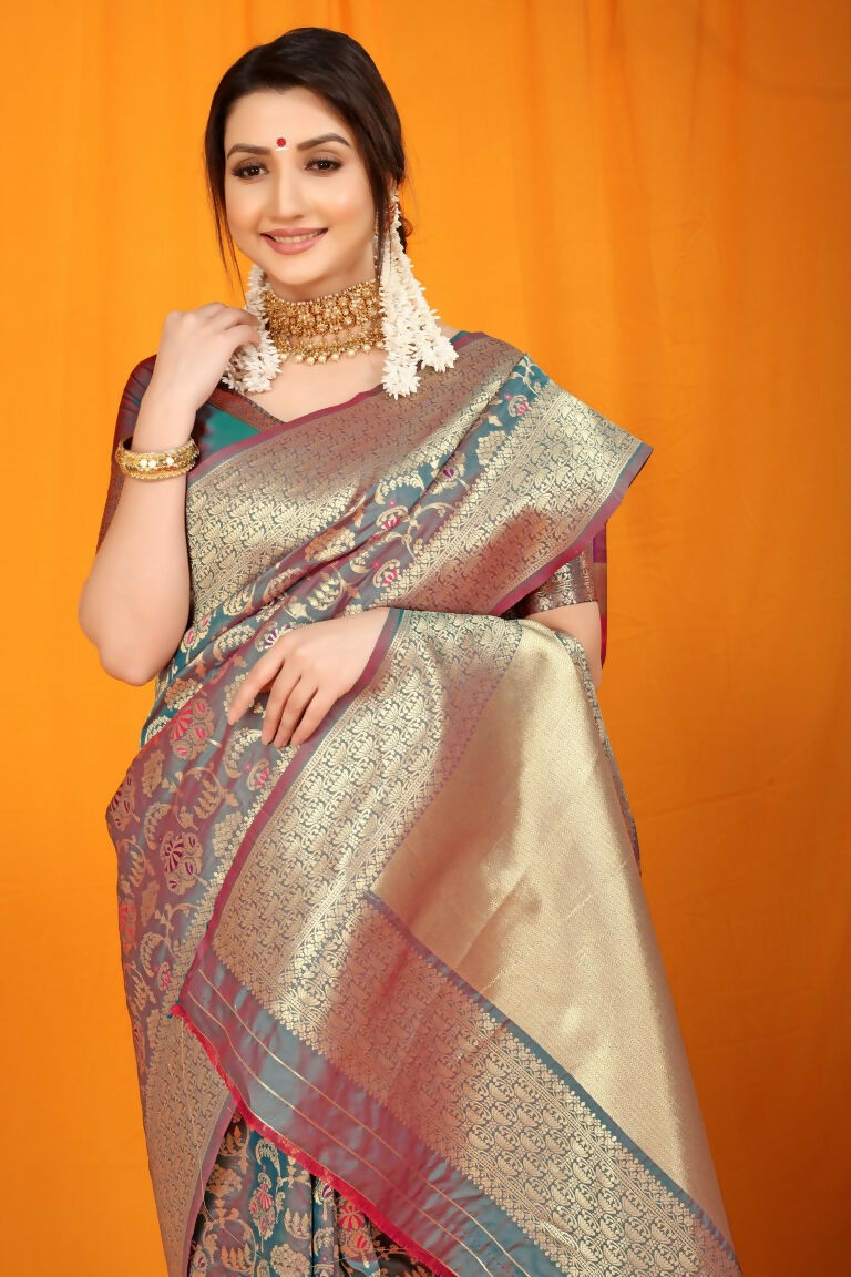 Jyoti Fashion Women's Grey Kanjivaram Silk Zari Woven Saree with Blouse | Swadesiicart