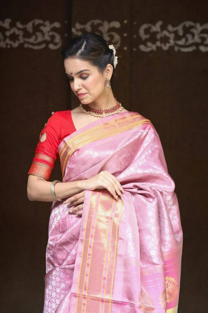 Very Much Indian Silk Handloom Maharani Paithani In Rich Pearl Pink With Silver Zari Brocade | Swadesiicart