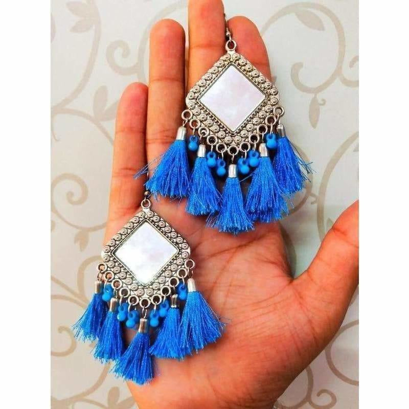 MS Fashion India Latkan Kite Design Mirror Hanging Blue Silk Threads Earrings | Swadesiicart