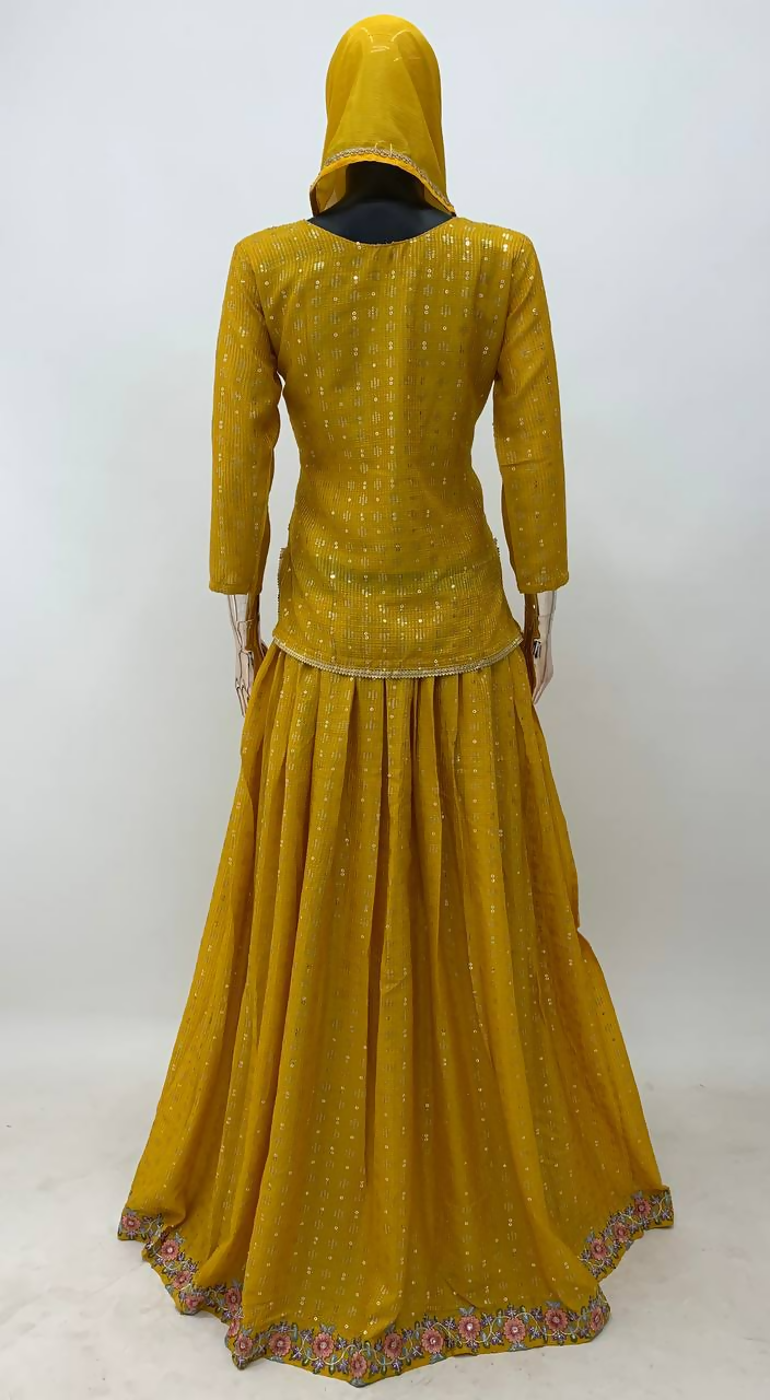 Lorenvalley Fashion Yellow Chinon Embroidery with Sequince Work Salwar Lehenga Stitched | Swadesiicart